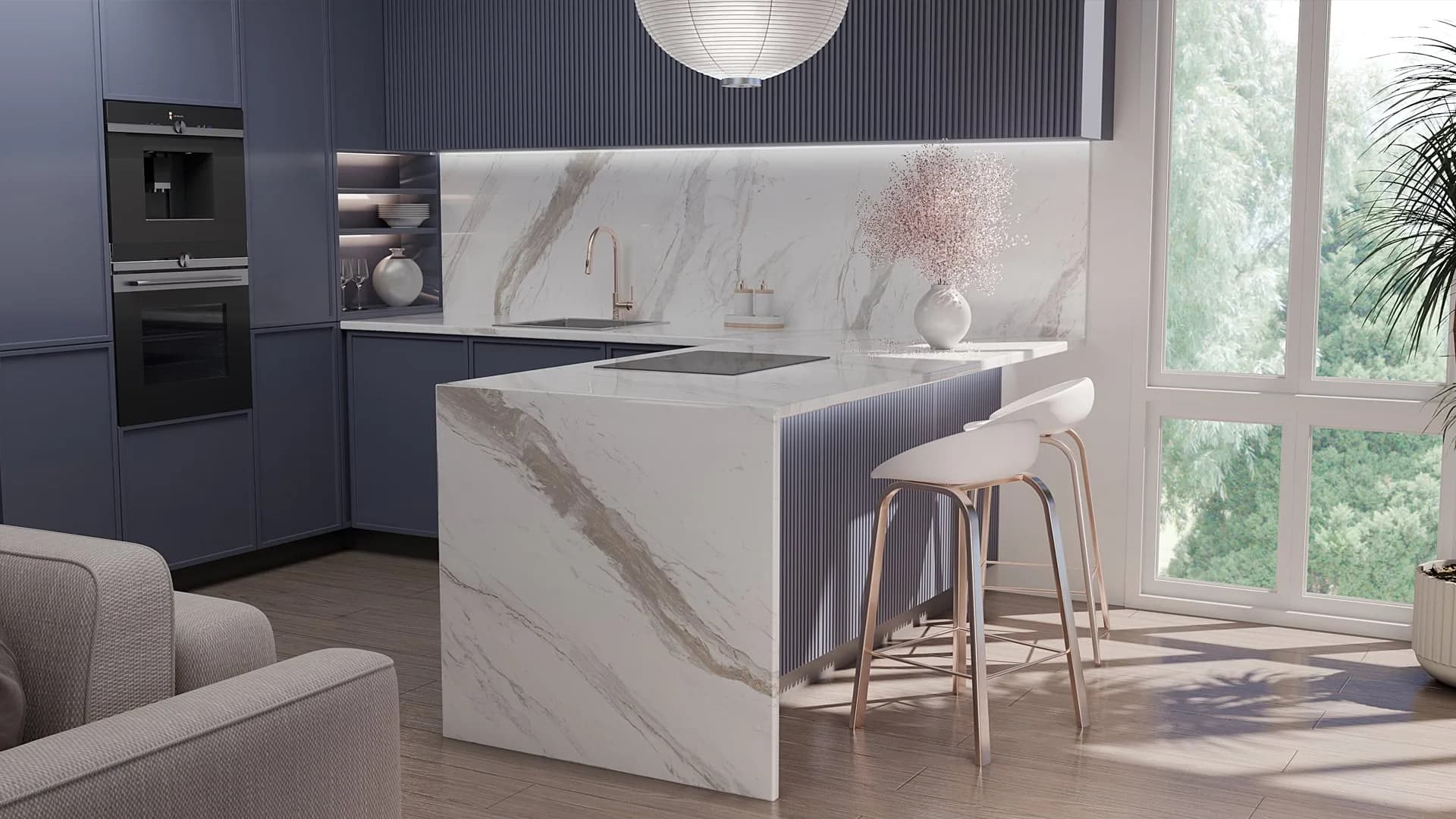 Çimstone Calacatta Nif 2074 kuvars tezgah uygulama örneği 1 (üretici görseli)