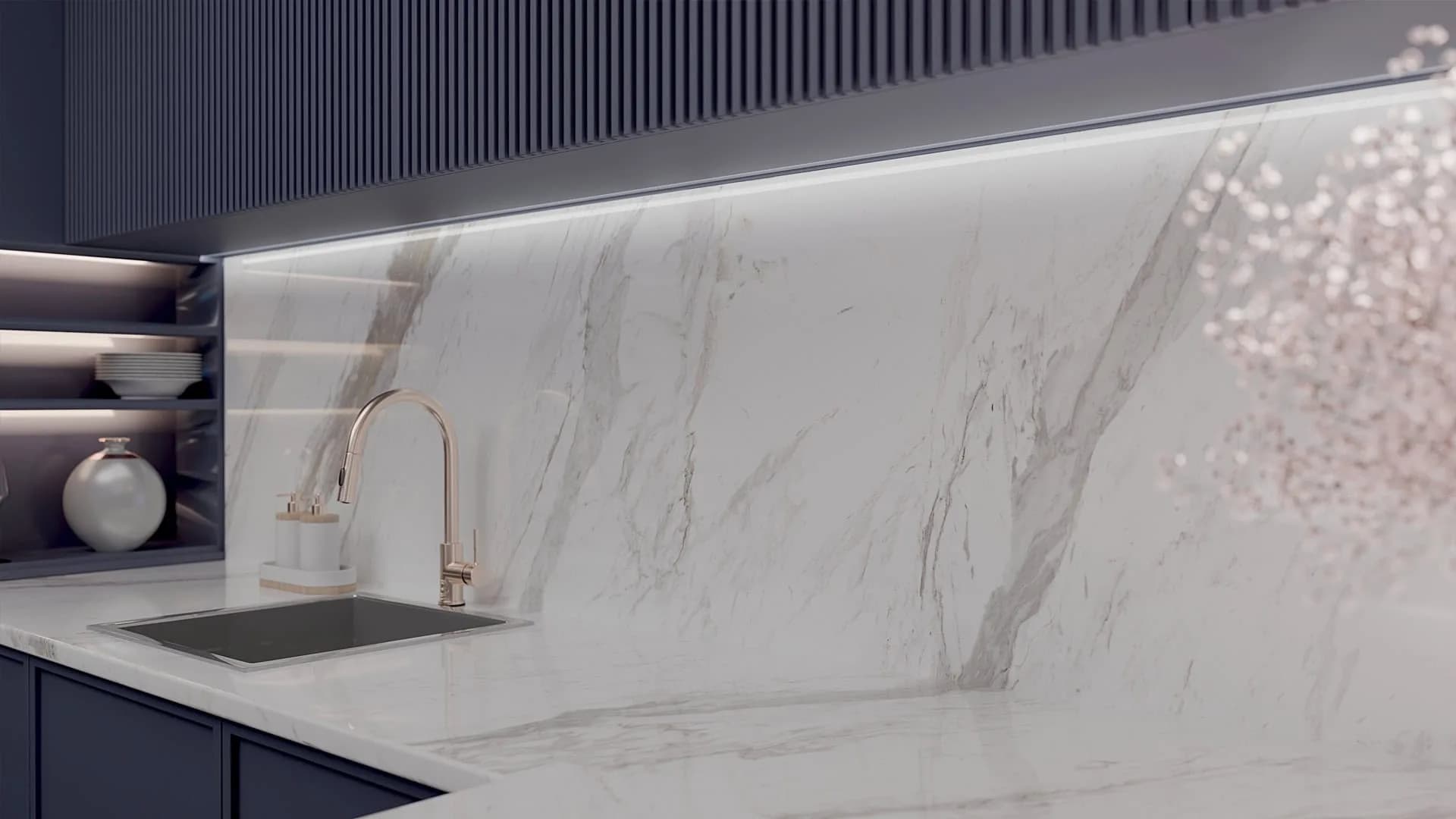 Çimstone Calacatta Nif 2074 kuvars tezgah uygulama örneği 2 (üretici görseli)