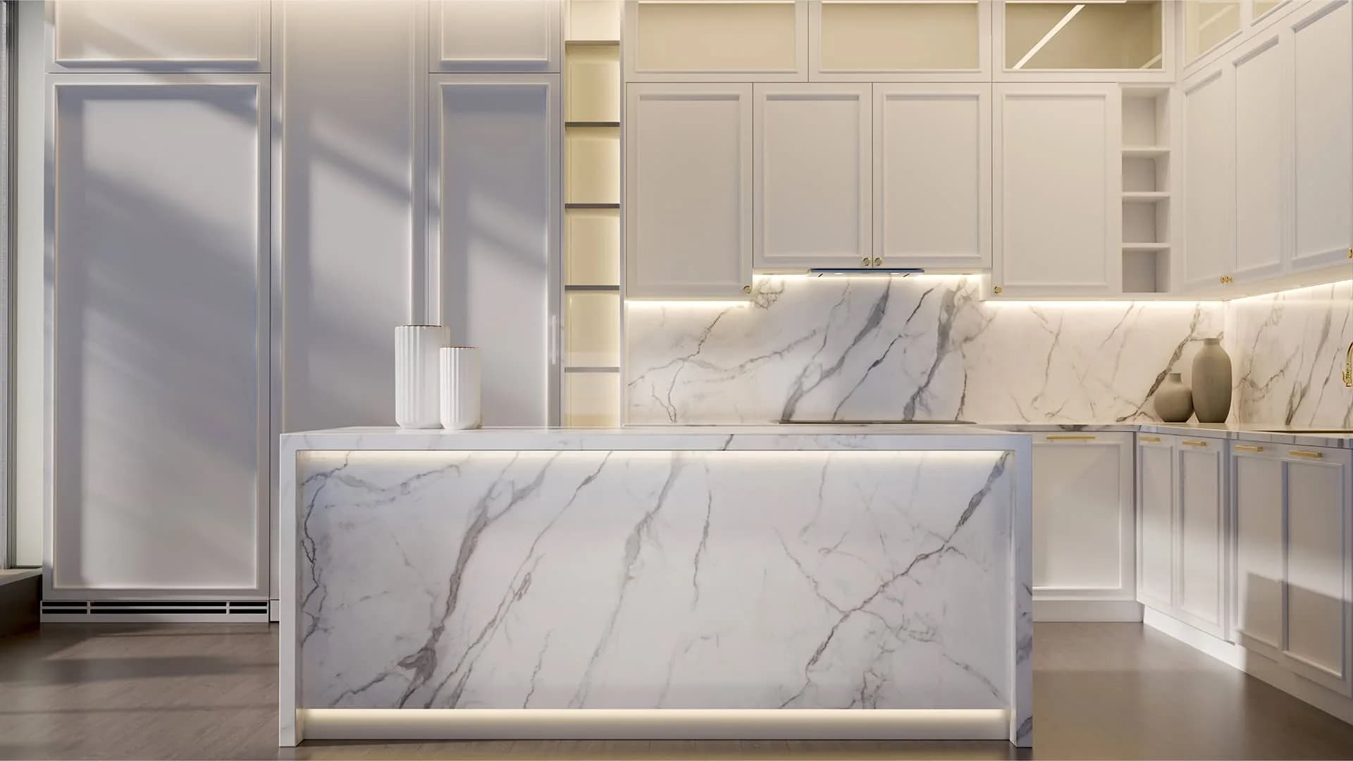 Çimstone Calacatta Lâl 2094 kuvars tezgah uygulama örneği 1 (üretici görseli)