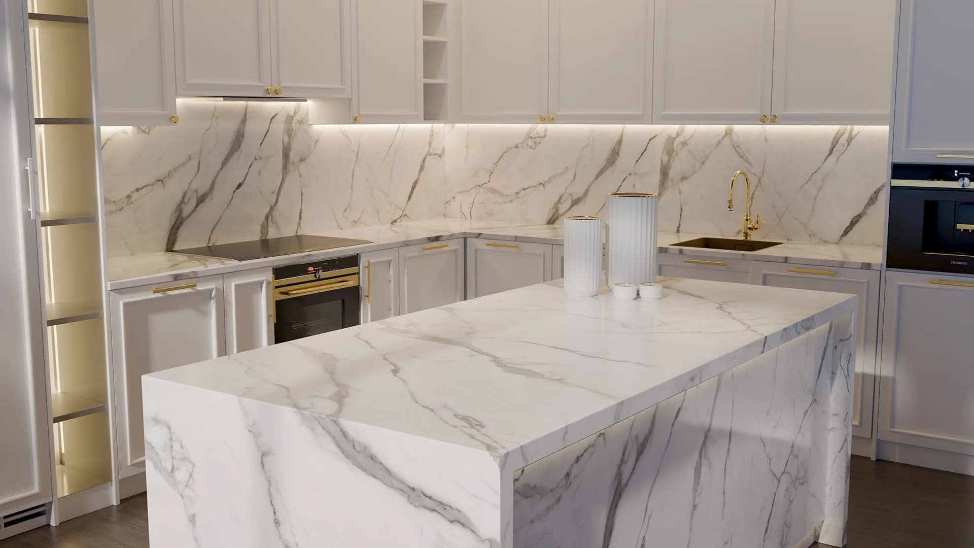 Çimstone Calacatta Lâl 2094 kuvars tezgah uygulama örneği 2 (üretici görseli)