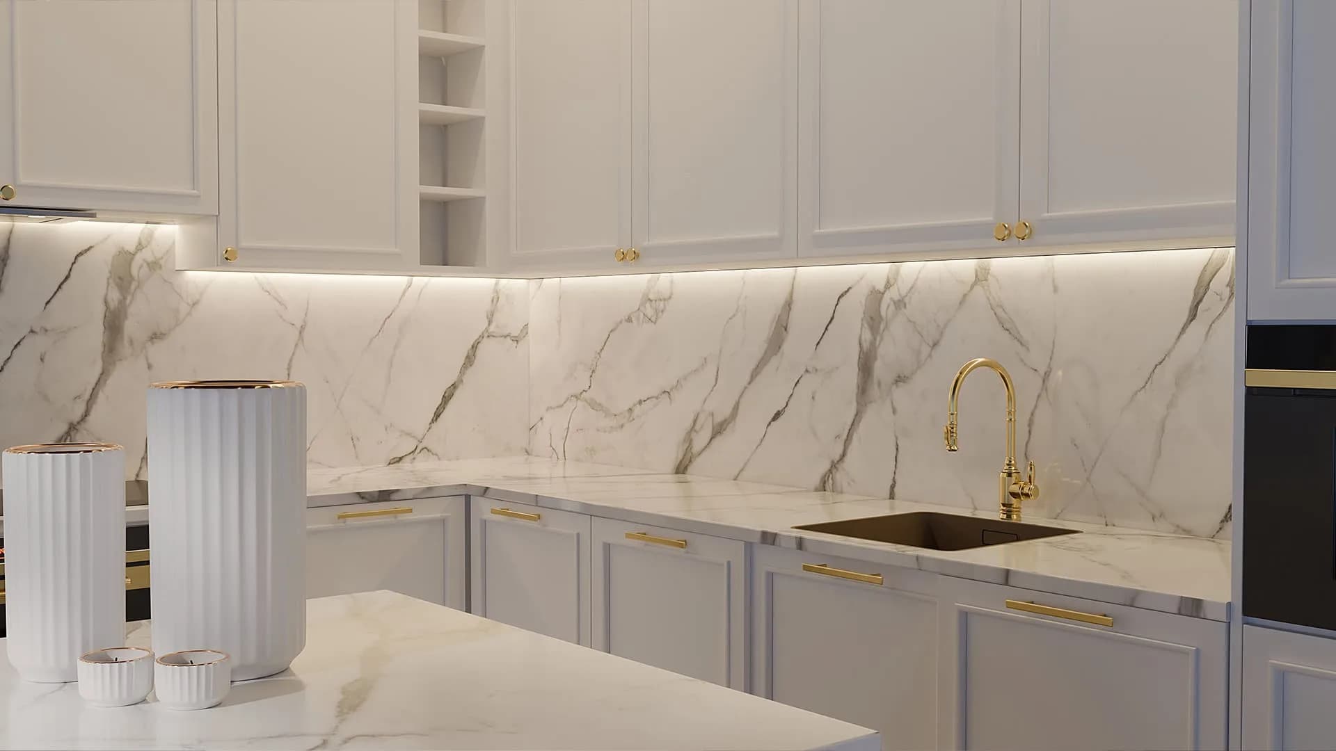 Çimstone Calacatta Lâl 2094 kuvars tezgah uygulama örneği 3 (üretici görseli)