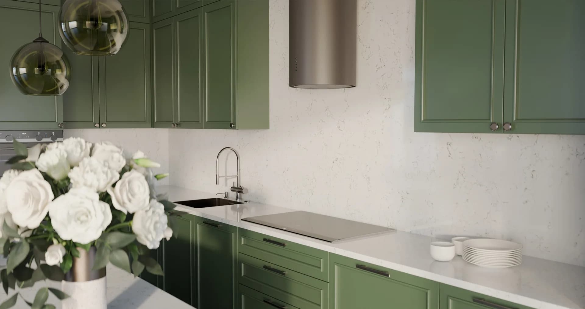 Çimstone Moss 186 kuvars tezgah uygulama örneği 2 (üretici görseli)