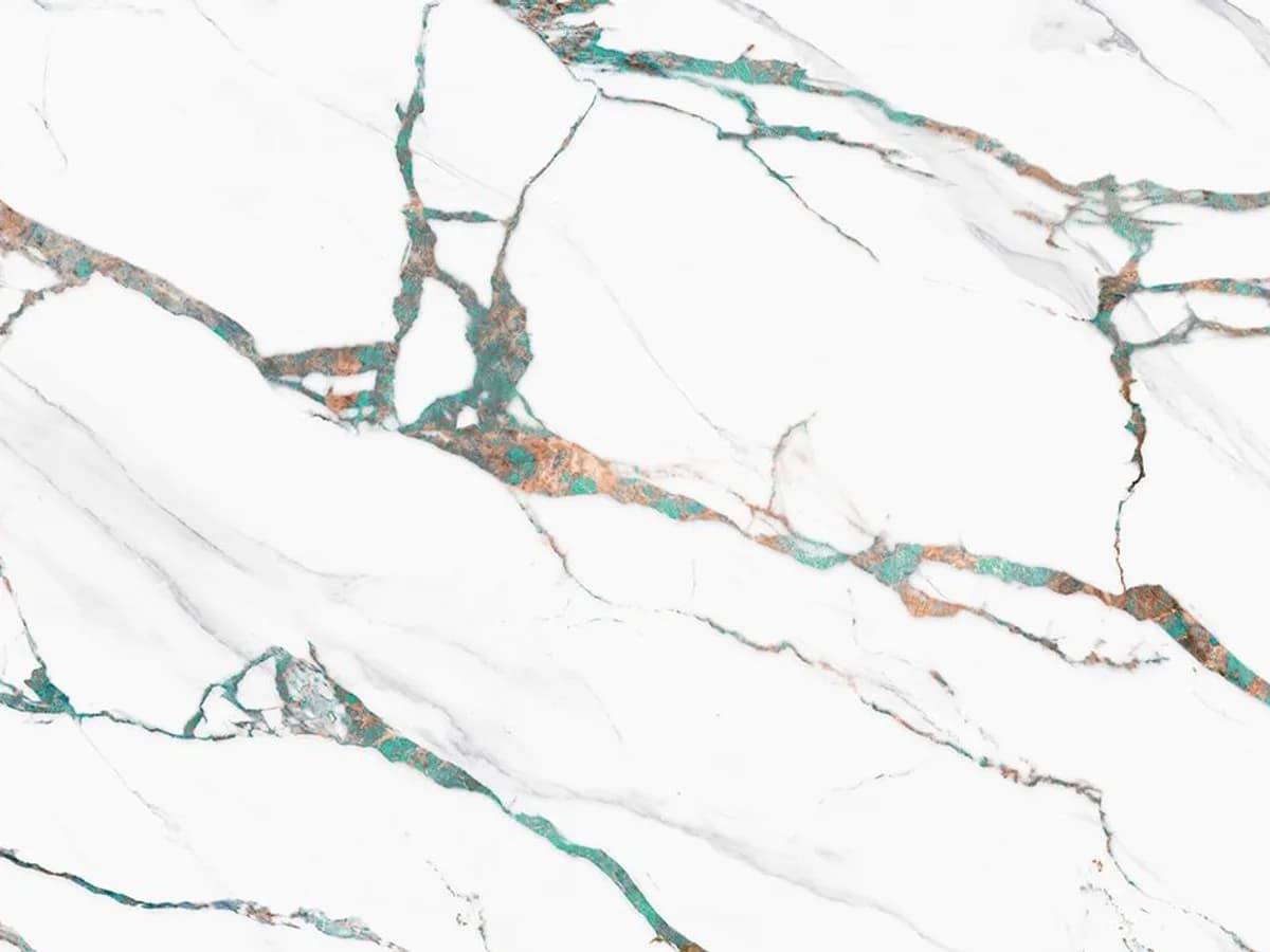 Coante Calacatta Jade 10407 kuvars tezgah, yüzey ve desenin yakın çekimi (üretici görseli)